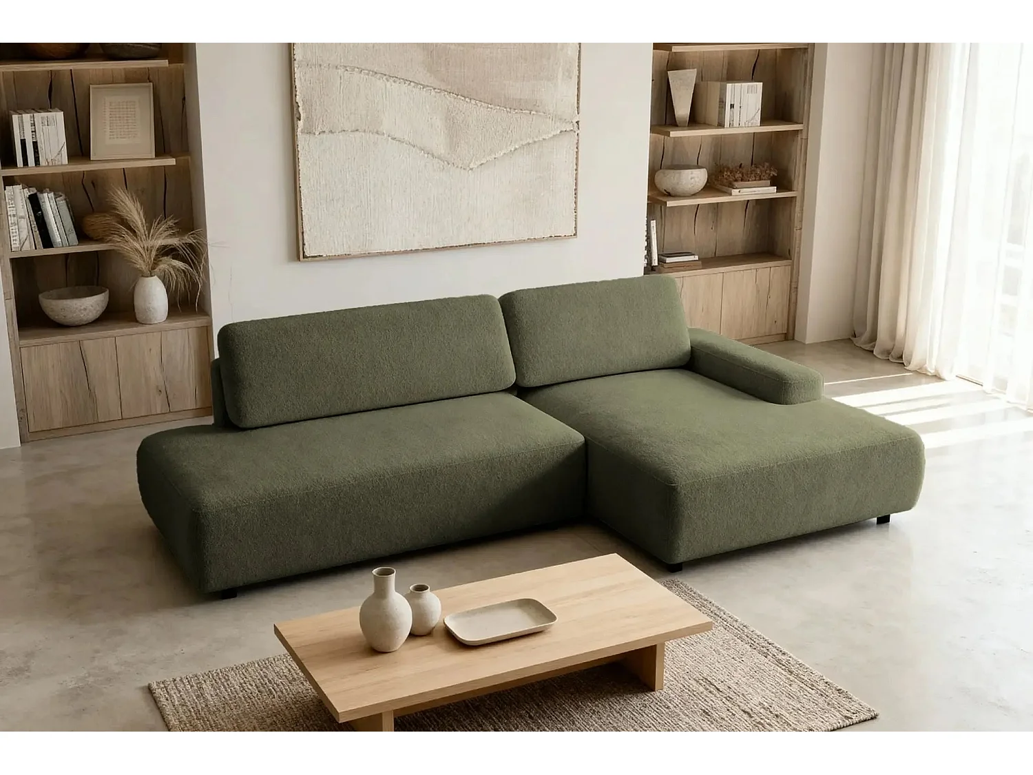 IVY O - Canapé d'angle convertible coffre tissu chiné 3 places - Vert olive - Gauche