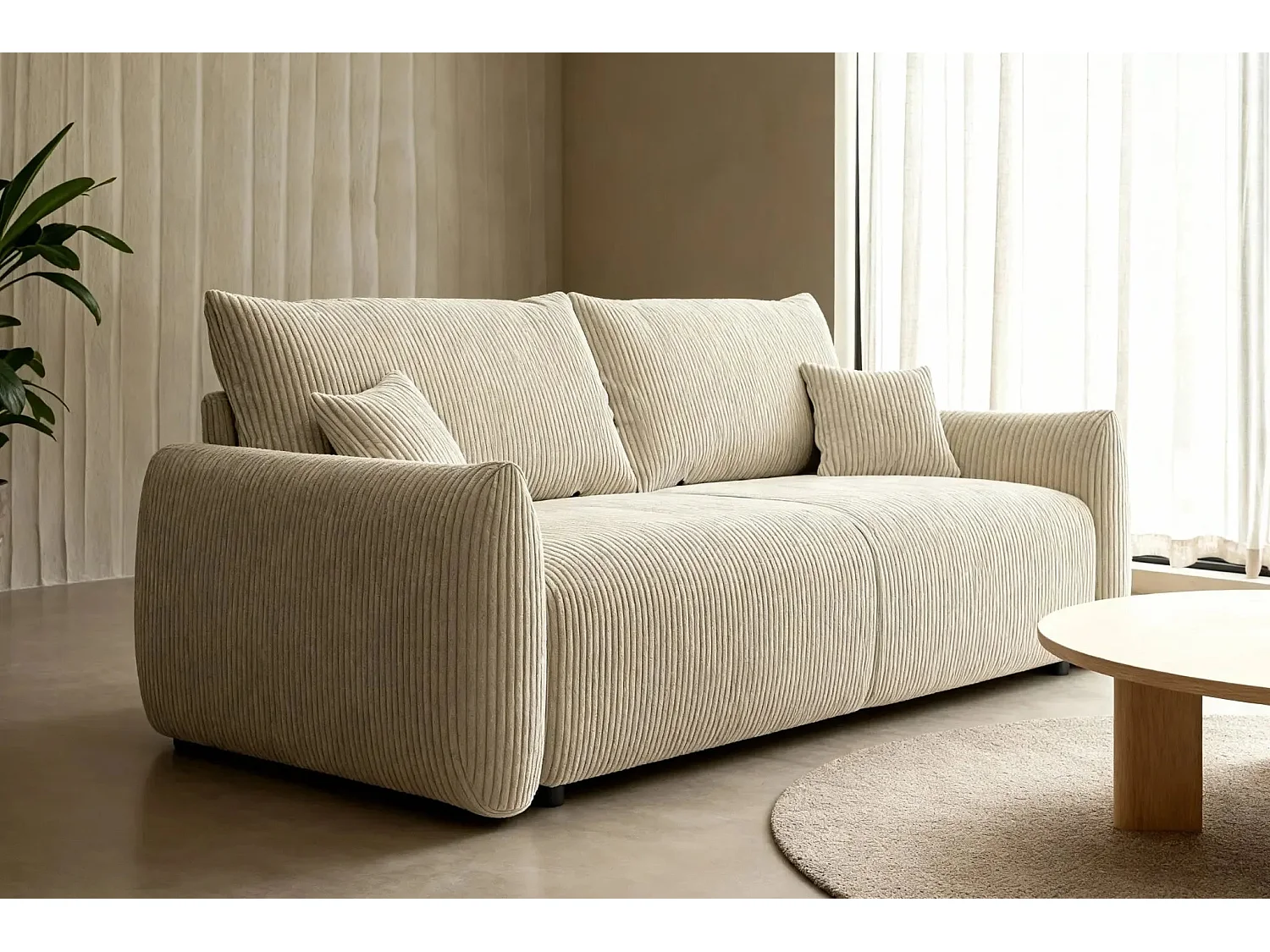 ELIO - Canapé droit convertible petit velours côtelé 3 places - Beige