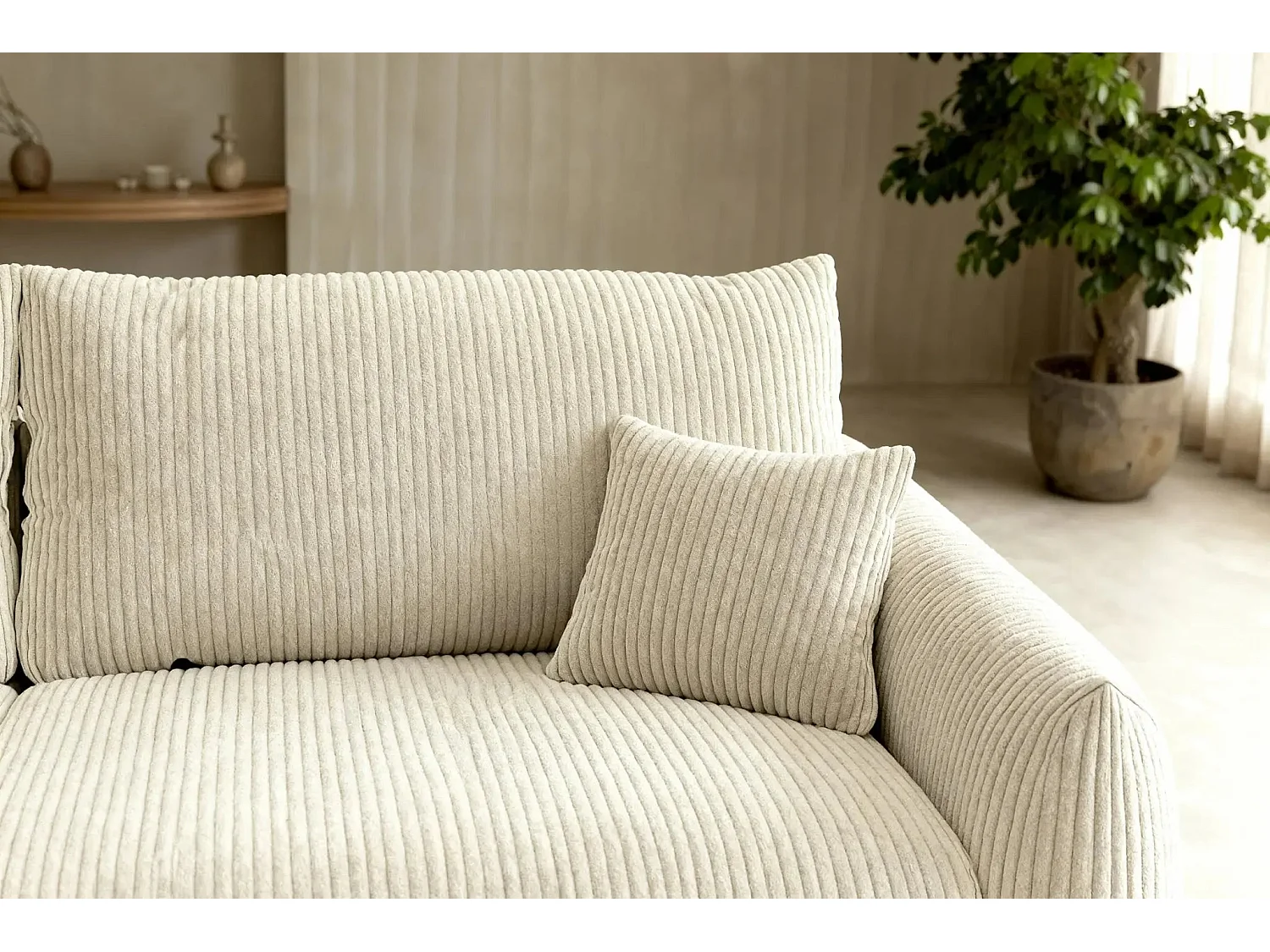 ELIO - Canapé droit convertible petit velours côtelé 3 places - Beige