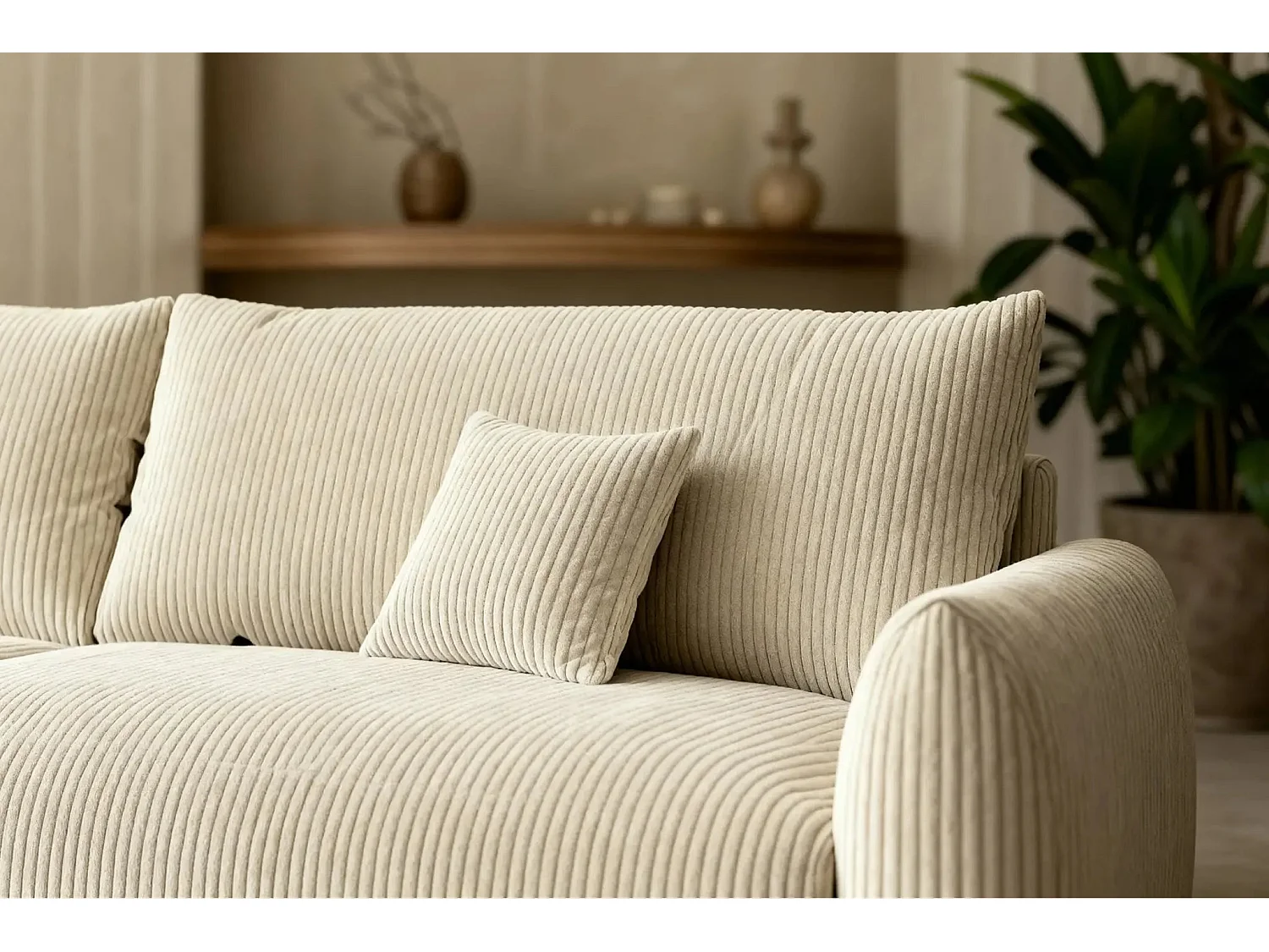 ELIO - Canapé droit convertible petit velours côtelé 3 places - Beige