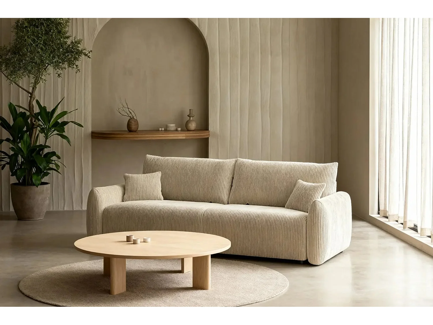 ELIO - Canapé droit convertible petit velours côtelé 3 places - Beige