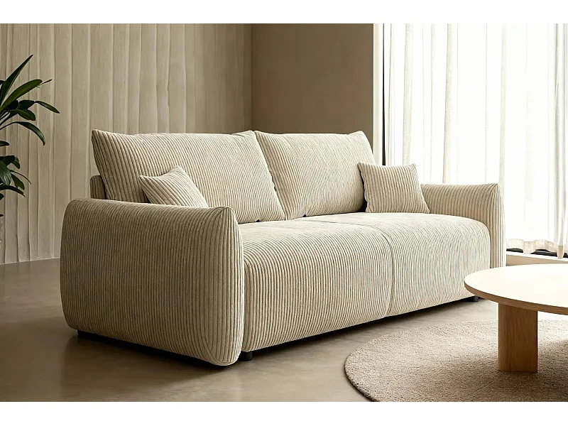 ELIO - Canapé droit convertible petit velours côtelé 3 places - Beige