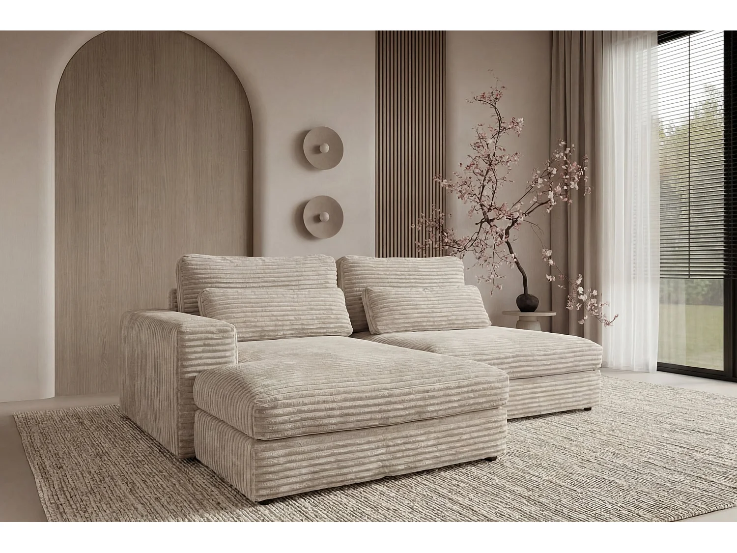 AGATHE - Canapé d'angle convertible gros velours côtelé 4 places - Beige - Droit