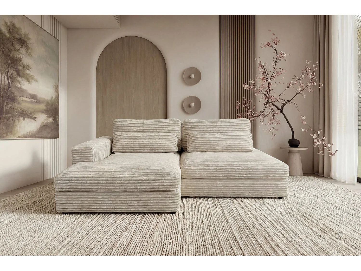 AGATHE - Canapé d'angle convertible gros velours côtelé 4 places - Beige - Droit