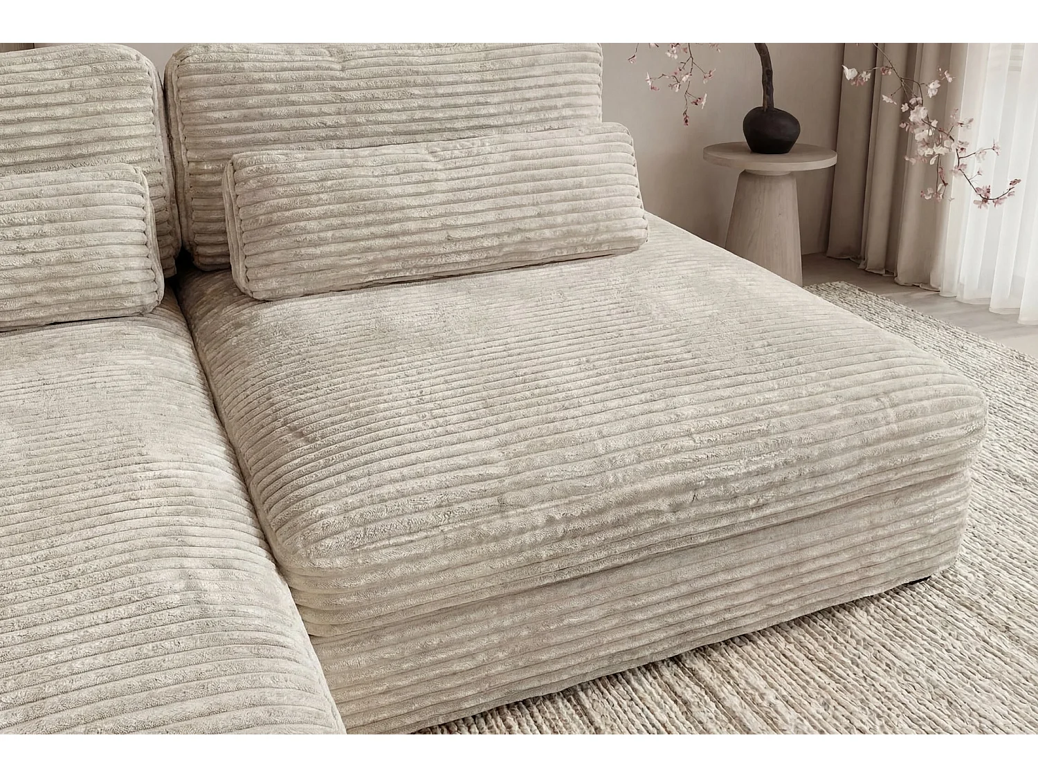 AGATHE - Canapé d'angle convertible gros velours côtelé 4 places - Beige - Droit