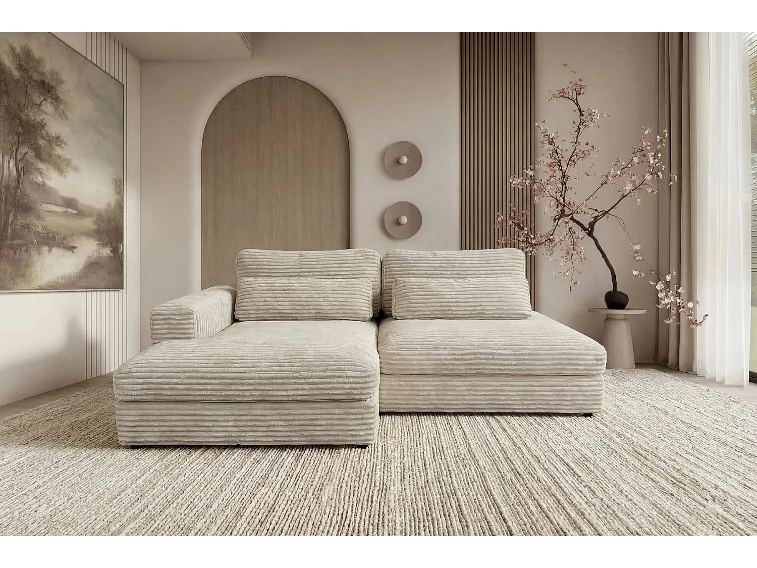 Canapé d'angle convertible 4 places en velours côtelé beige