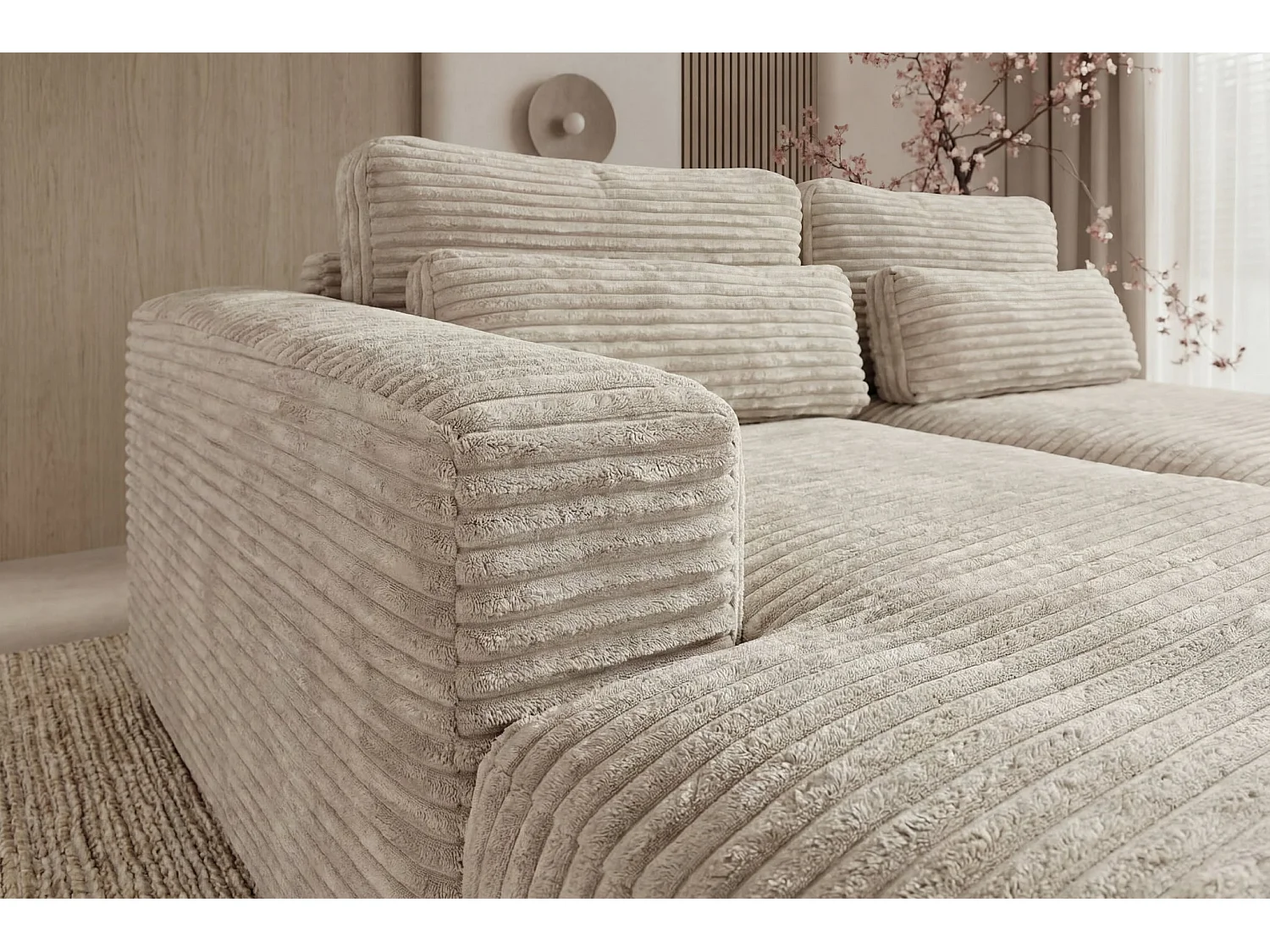 Canapé d'angle convertible 4 places en velours côtelé beige