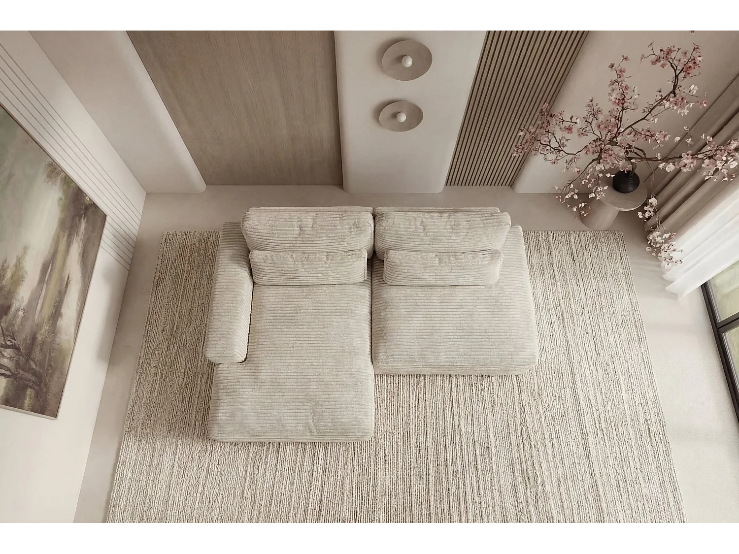 Canapé d'angle convertible 4 places en velours côtelé beige