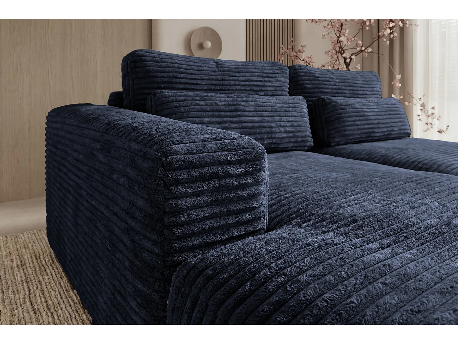 AGATHE - Canapé d'angle convertible gros velours côtelé 4 places - Bleu - Droit