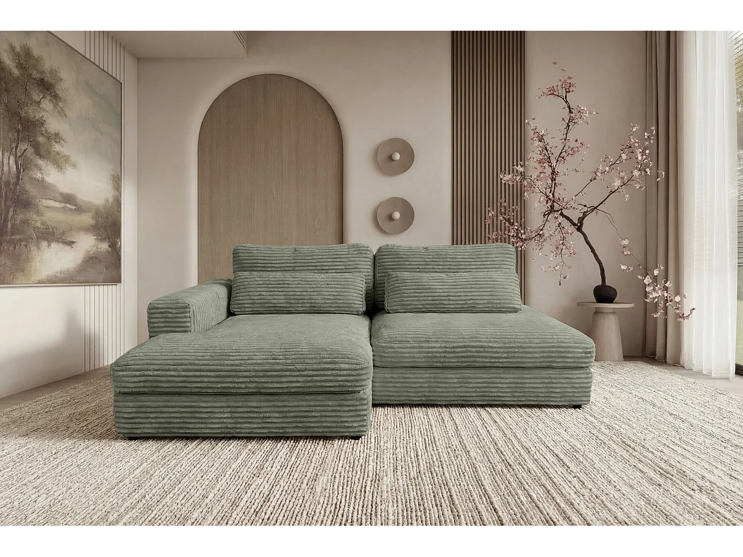 AGATHE - Canapé d'angle convertible gros velours côtelé 4 places - Vert - Droit