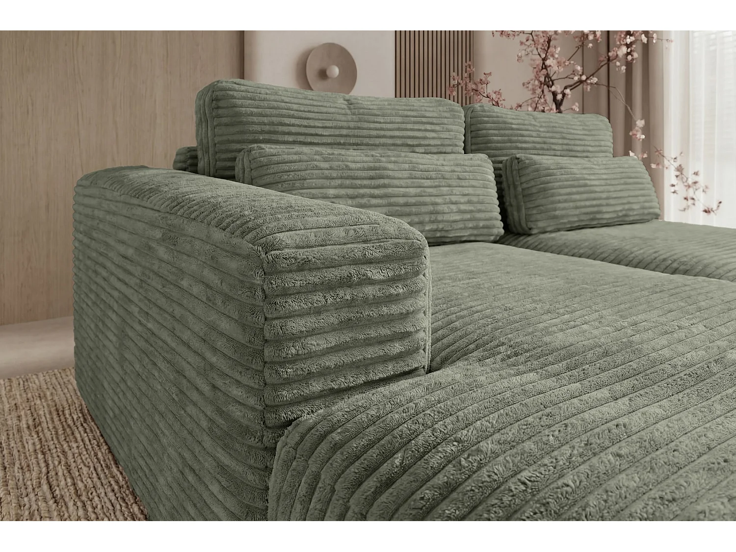 AGATHE - Canapé d'angle convertible gros velours côtelé 4 places - Vert - Droit