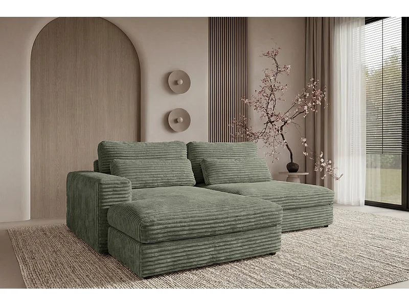 AGATHE - Canapé d'angle convertible gros velours côtelé 4 places - Vert - Droit