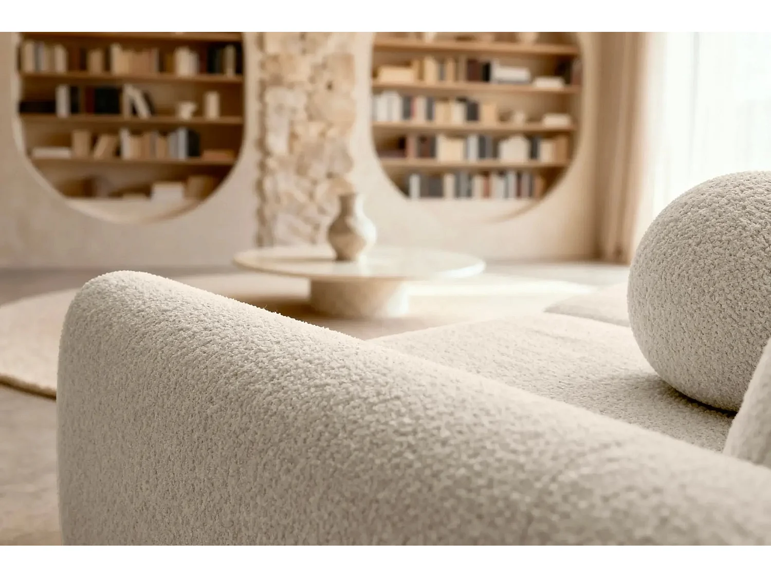 GIGI - Canapé droit convertible tissu bouclette 3 places - Beige