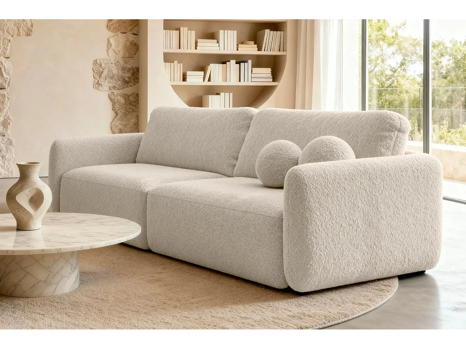 GIGI - Canapé droit convertible tissu bouclette 3 places - Beige