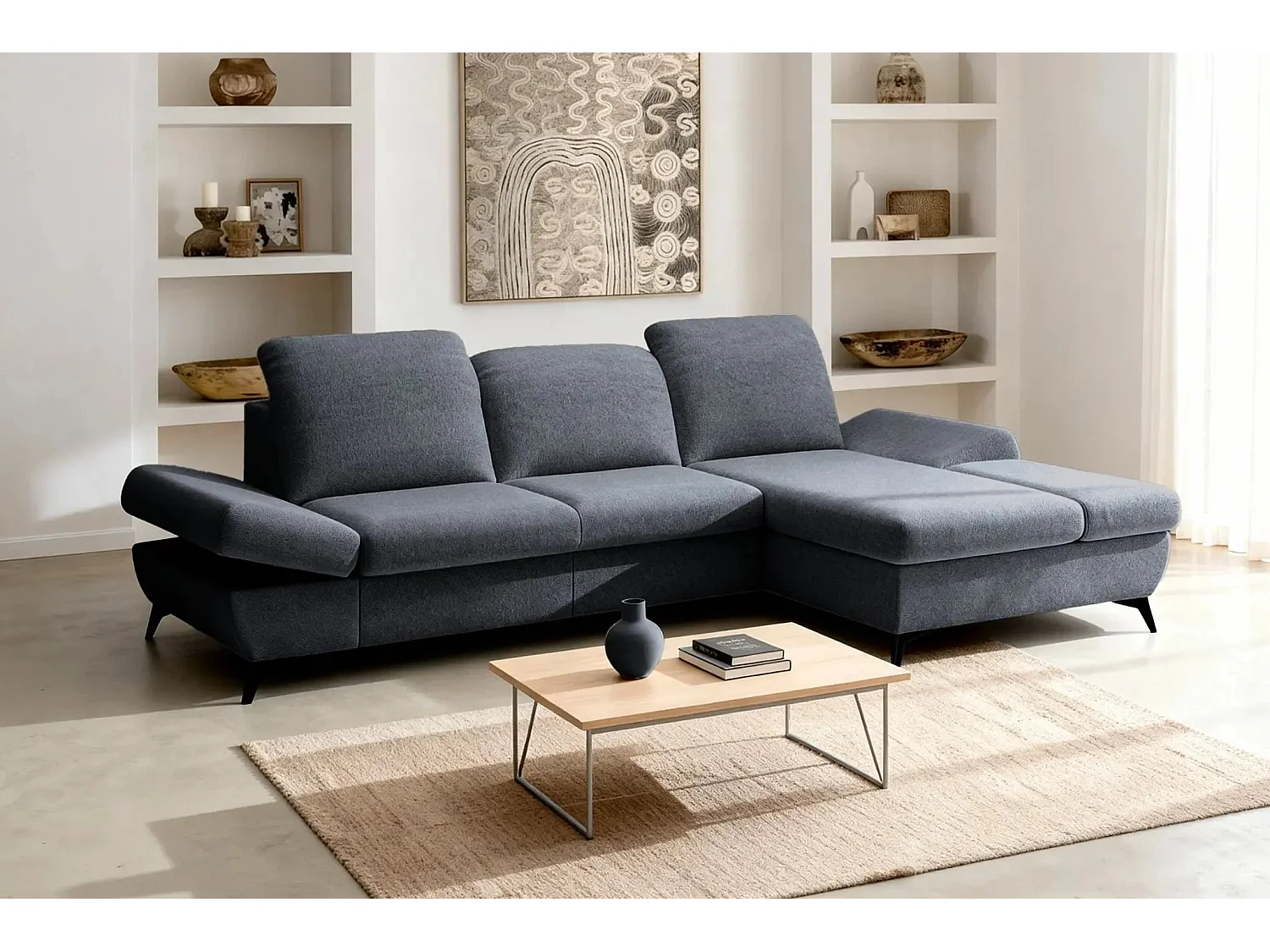 LIVIA - Canapé d'angle convertible tissu chiné 4 places - Gris foncé - Droit