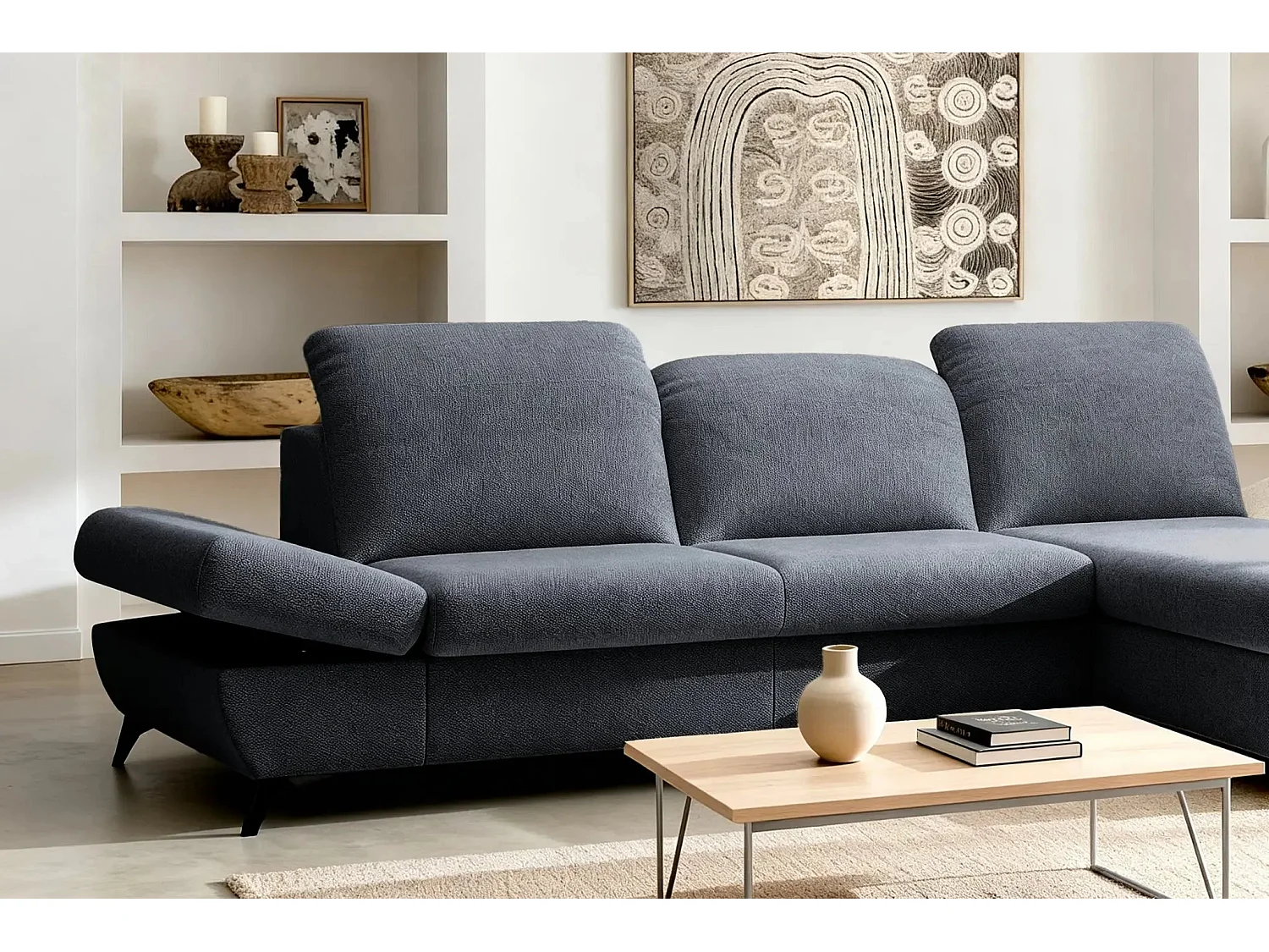 LIVIA - Canapé d'angle convertible tissu chiné 4 places - Gris foncé - Droit