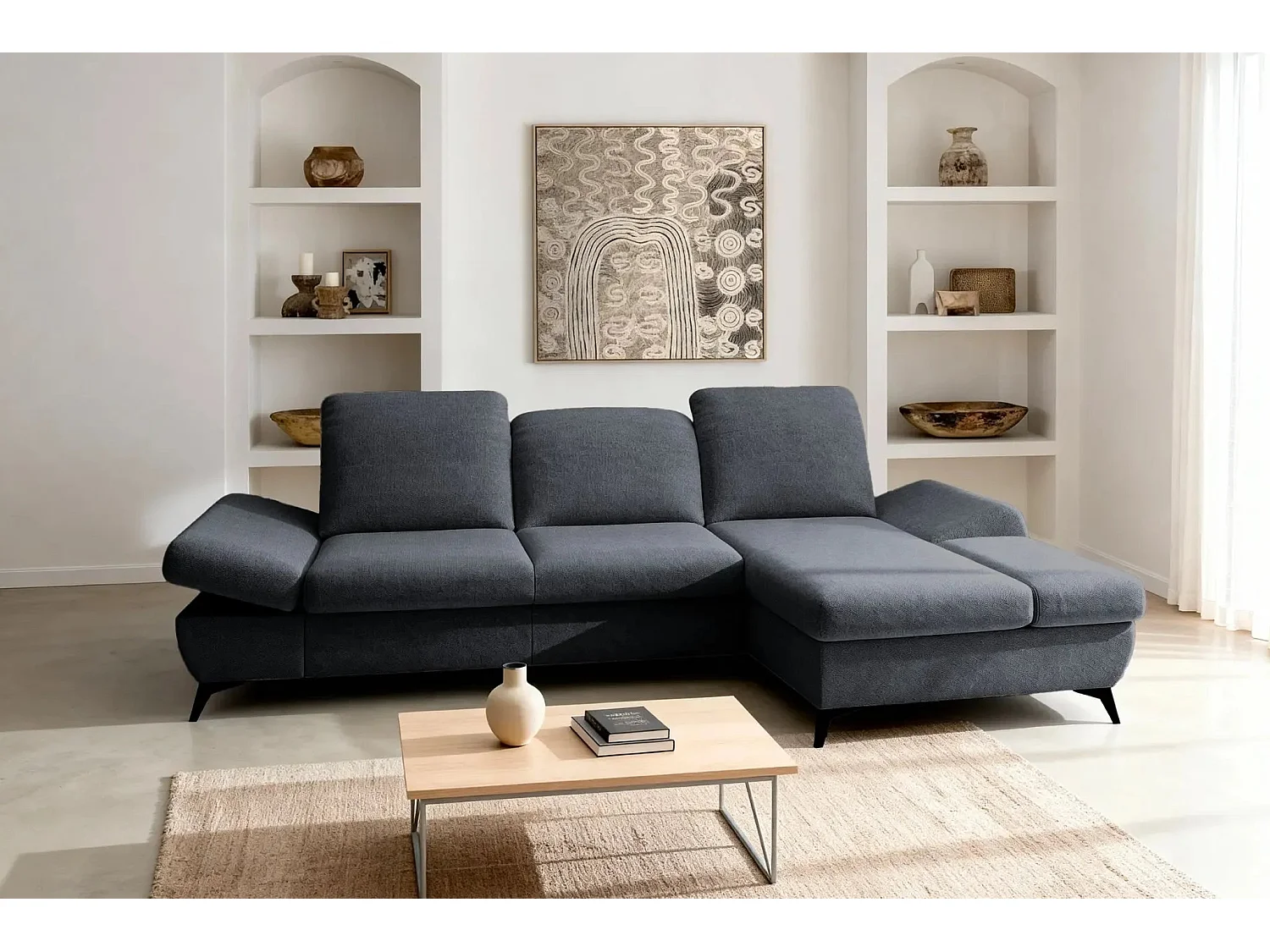 LIVIA - Canapé d'angle convertible tissu chiné 4 places - Gris foncé - Droit