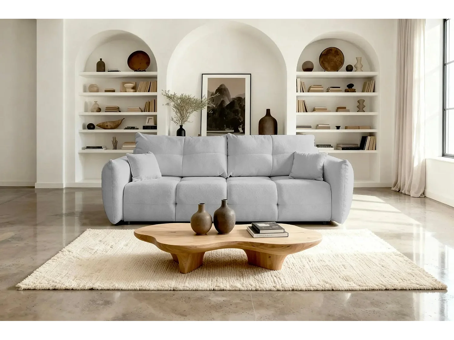 JUNE - Canapé droit convertible tissu bouclette 2 places - Gris clair