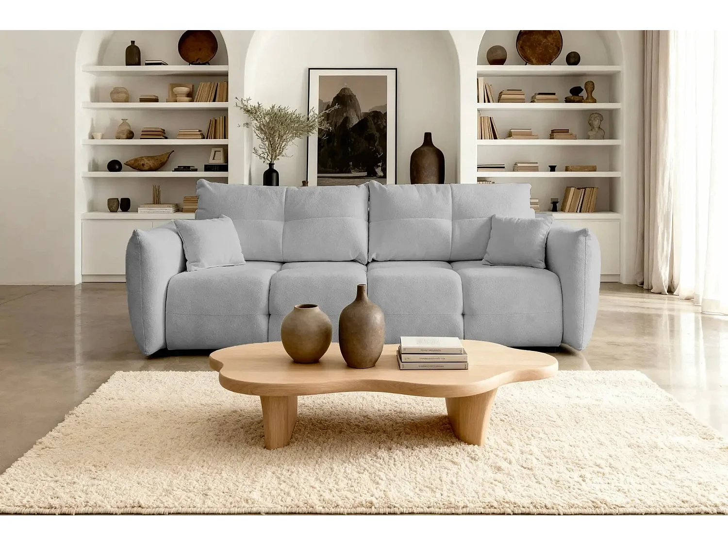 JUNE - Canapé droit convertible tissu bouclette 2 places - Gris clair