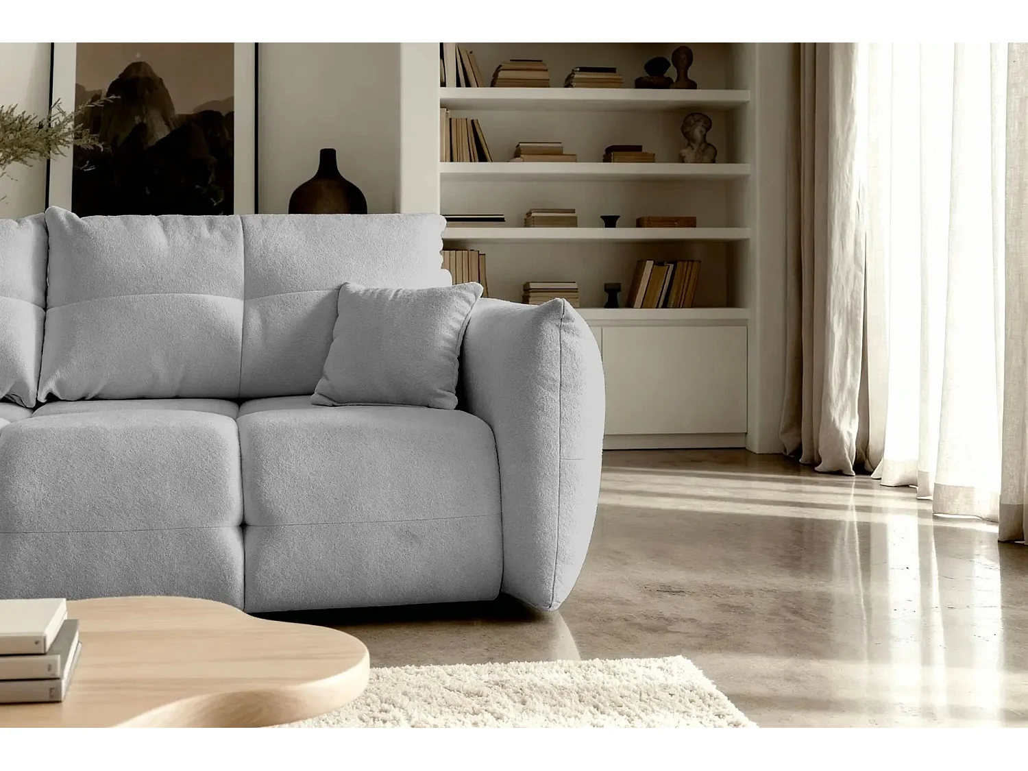 JUNE - Canapé droit convertible tissu bouclette 2 places - Gris clair