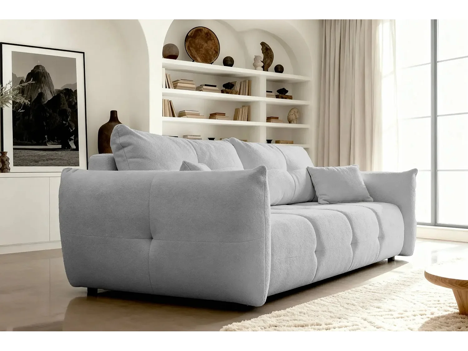 JUNE - Canapé droit convertible tissu bouclette 2 places - Gris clair