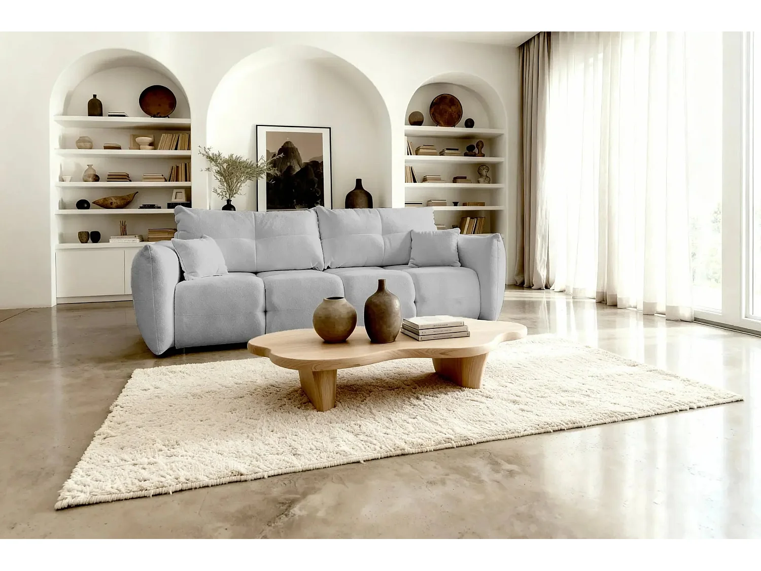 JUNE - Canapé droit convertible tissu bouclette 2 places - Gris clair