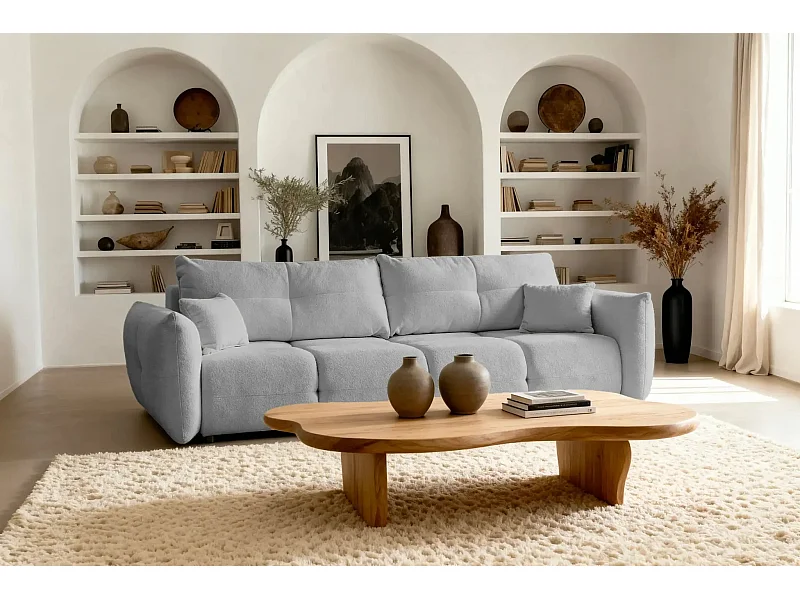 JUNE - Canapé droit convertible tissu bouclette 2 places - Gris clair