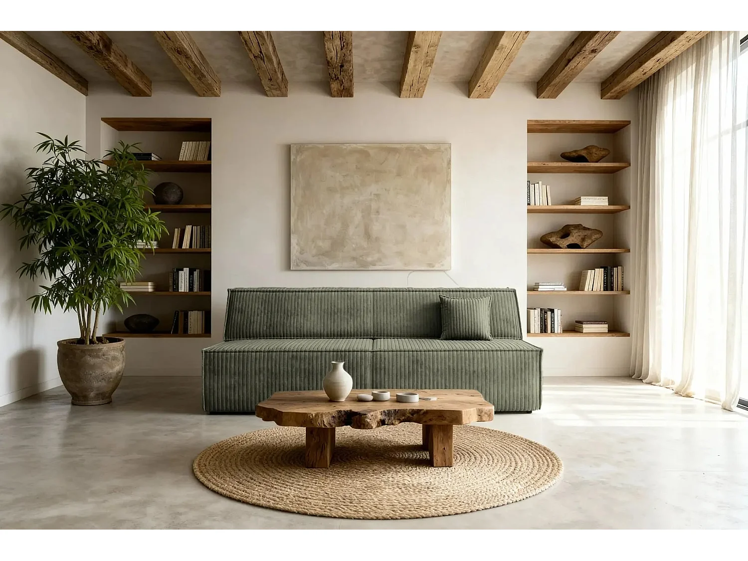 BURANO - Canapé droit convertible velours côtelé 2 places - Vert