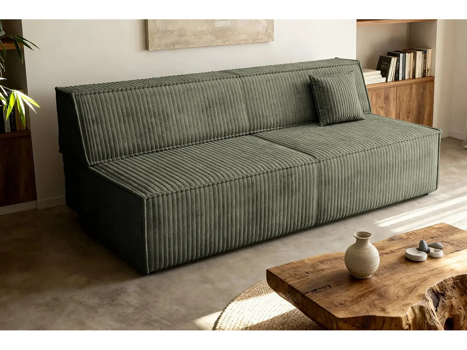 BURANO - Canapé droit convertible velours côtelé 2 places - Vert