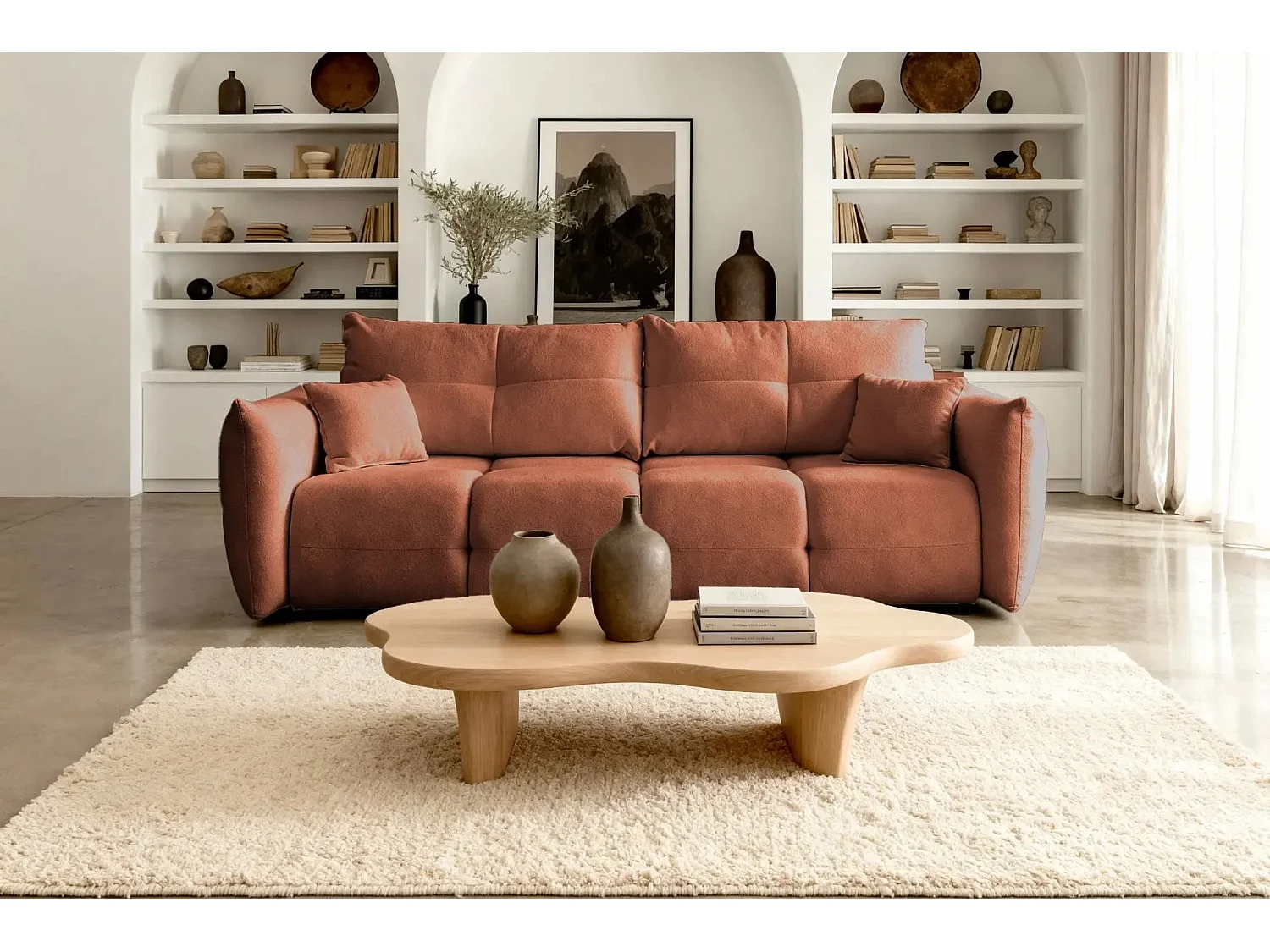 JUNE - Canapé droit convertible tissu bouclette 2 places - Terracotta