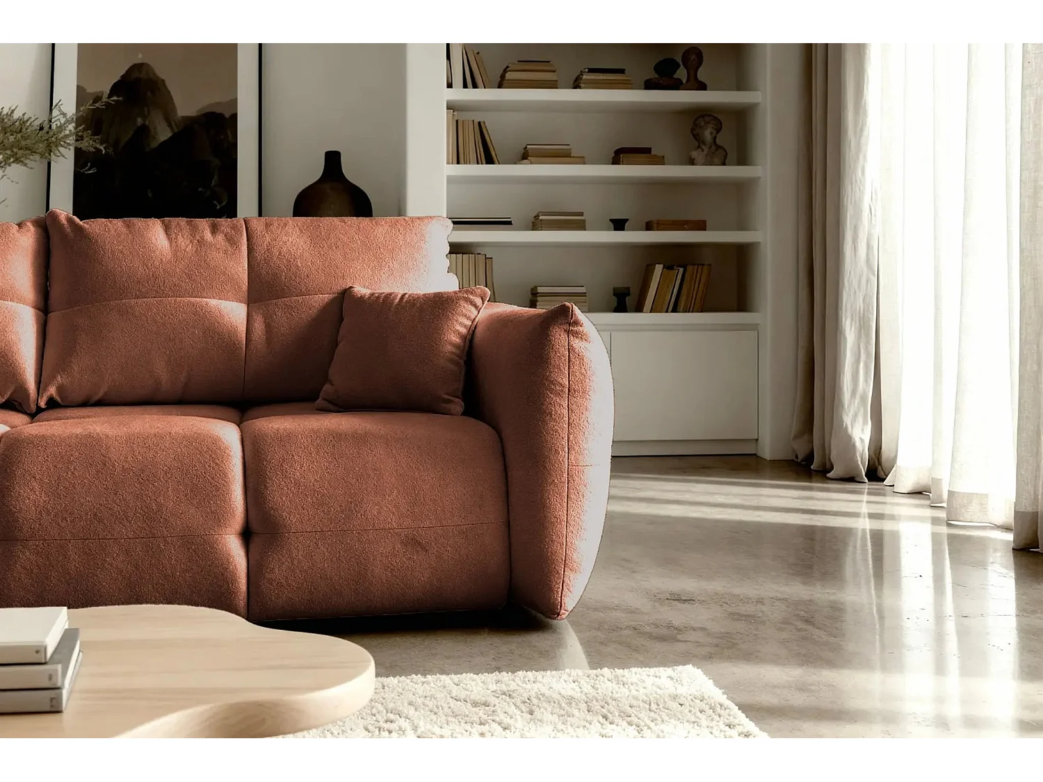 JUNE - Canapé droit convertible tissu bouclette 2 places - Terracotta