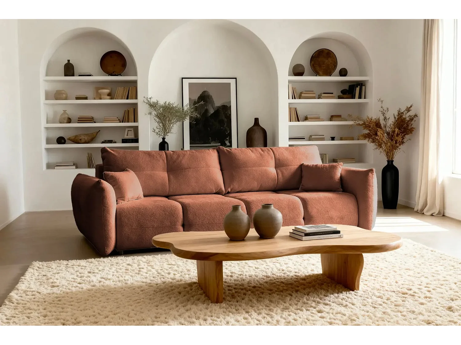 JUNE - Canapé droit convertible tissu bouclette 2 places - Terracotta