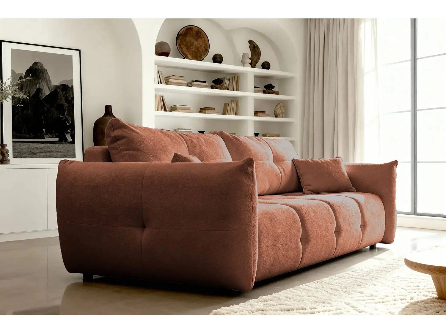 JUNE - Canapé droit convertible tissu bouclette 2 places - Terracotta