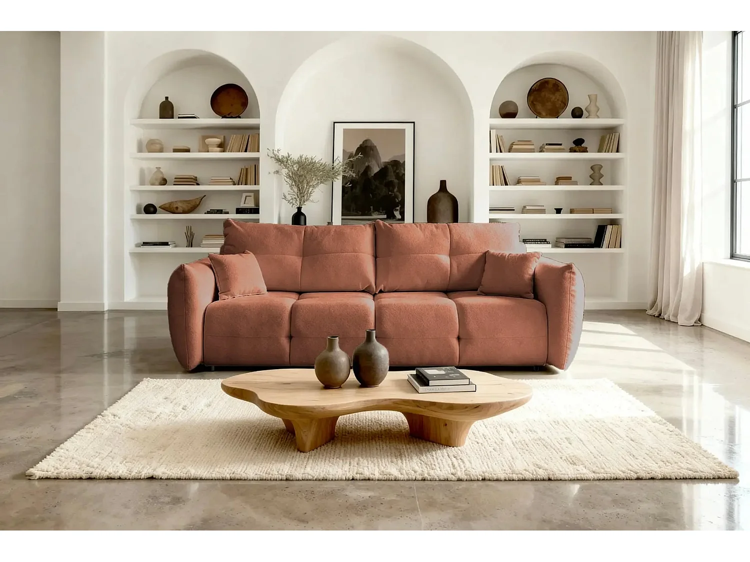 JUNE - Canapé droit convertible tissu bouclette 2 places - Terracotta