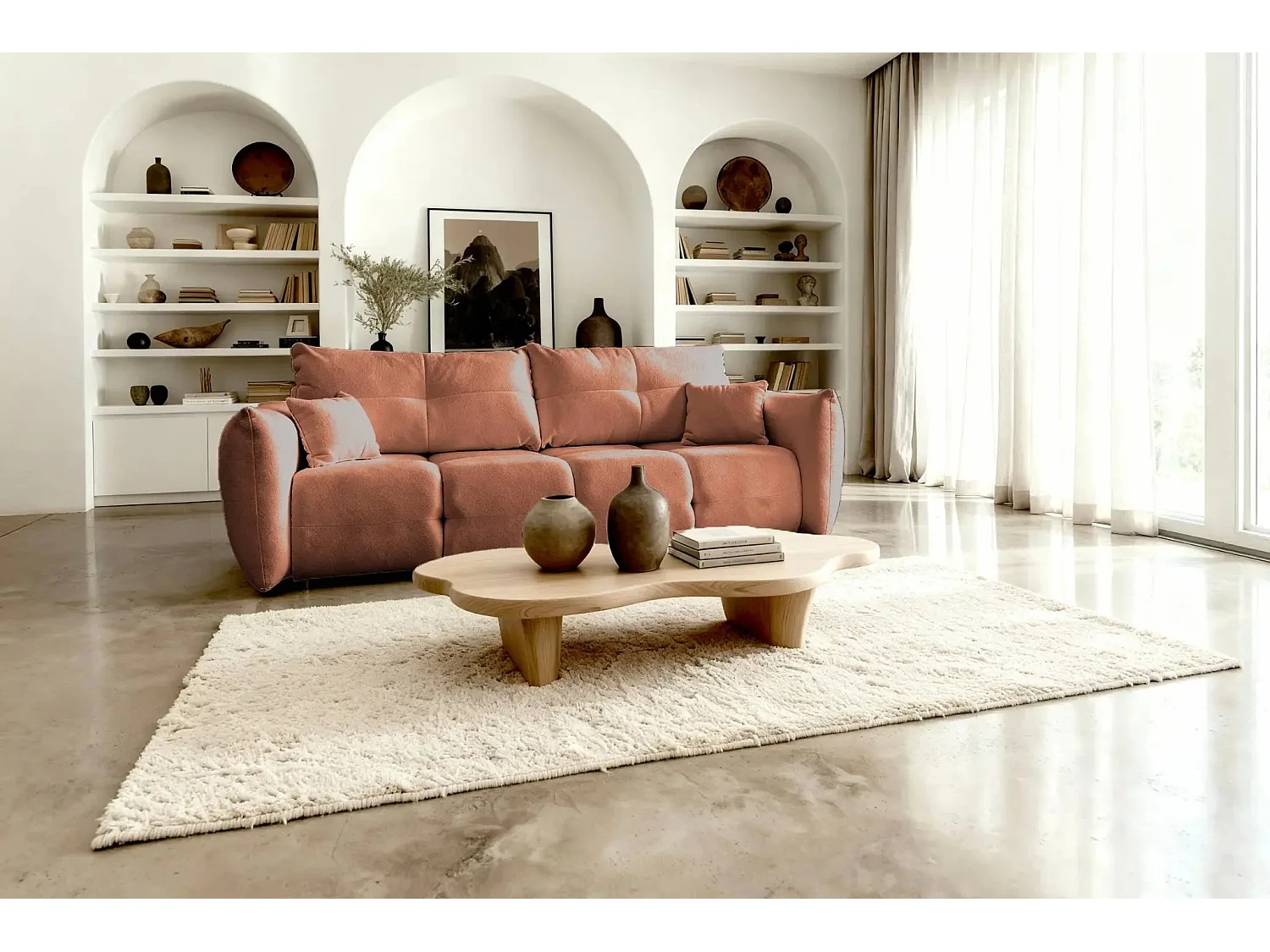 JUNE - Canapé droit convertible tissu bouclette 2 places - Terracotta