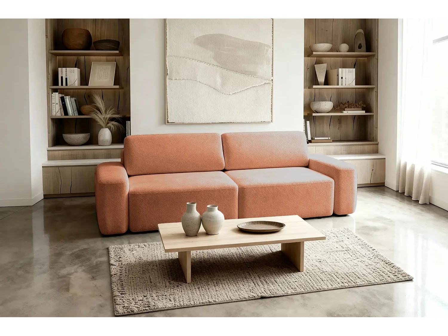 IVY - Canapé droit convertible coffre tissu chiné 3 places - Terracotta