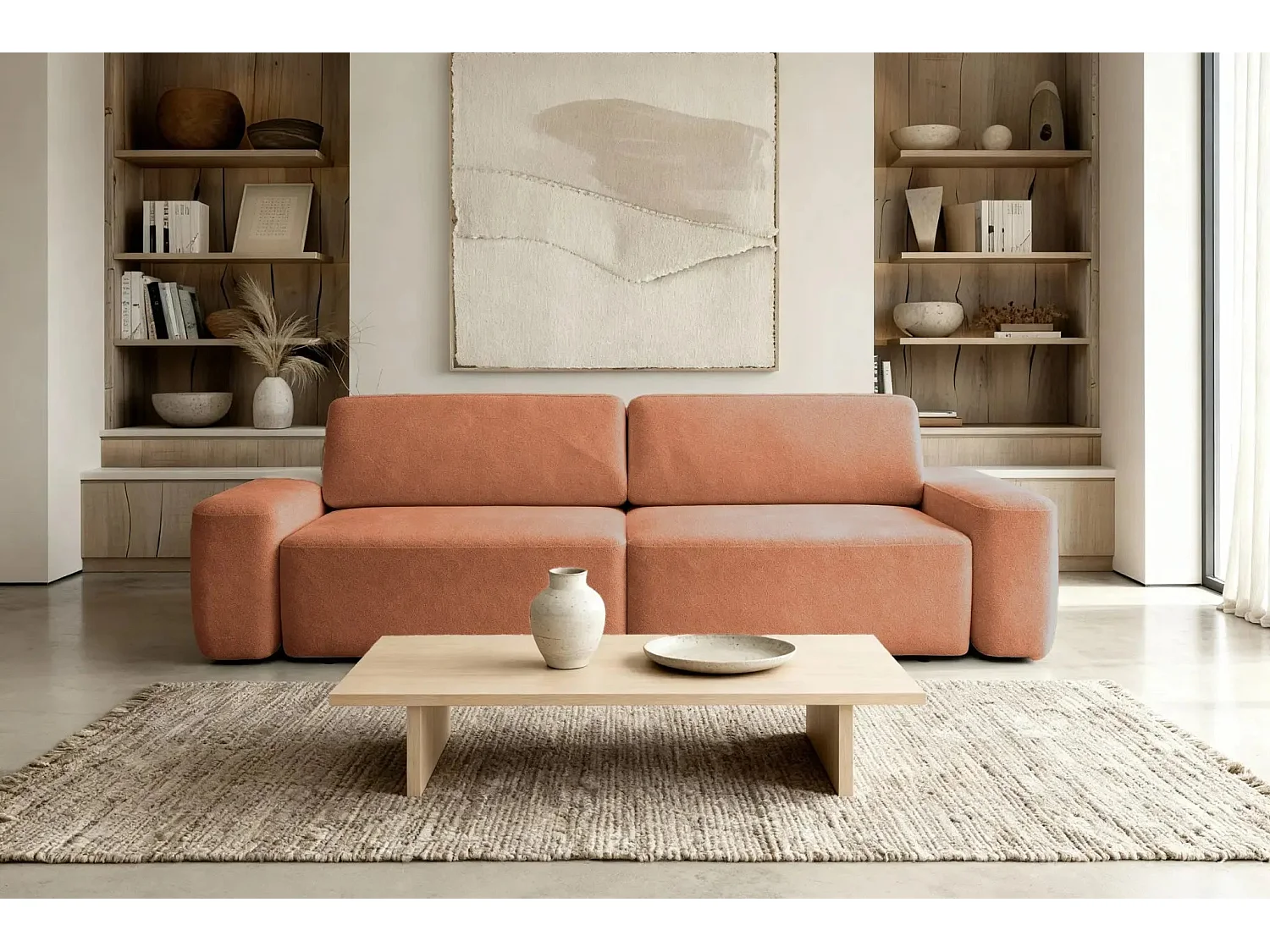 IVY - Canapé droit convertible coffre tissu chiné 3 places - Terracotta