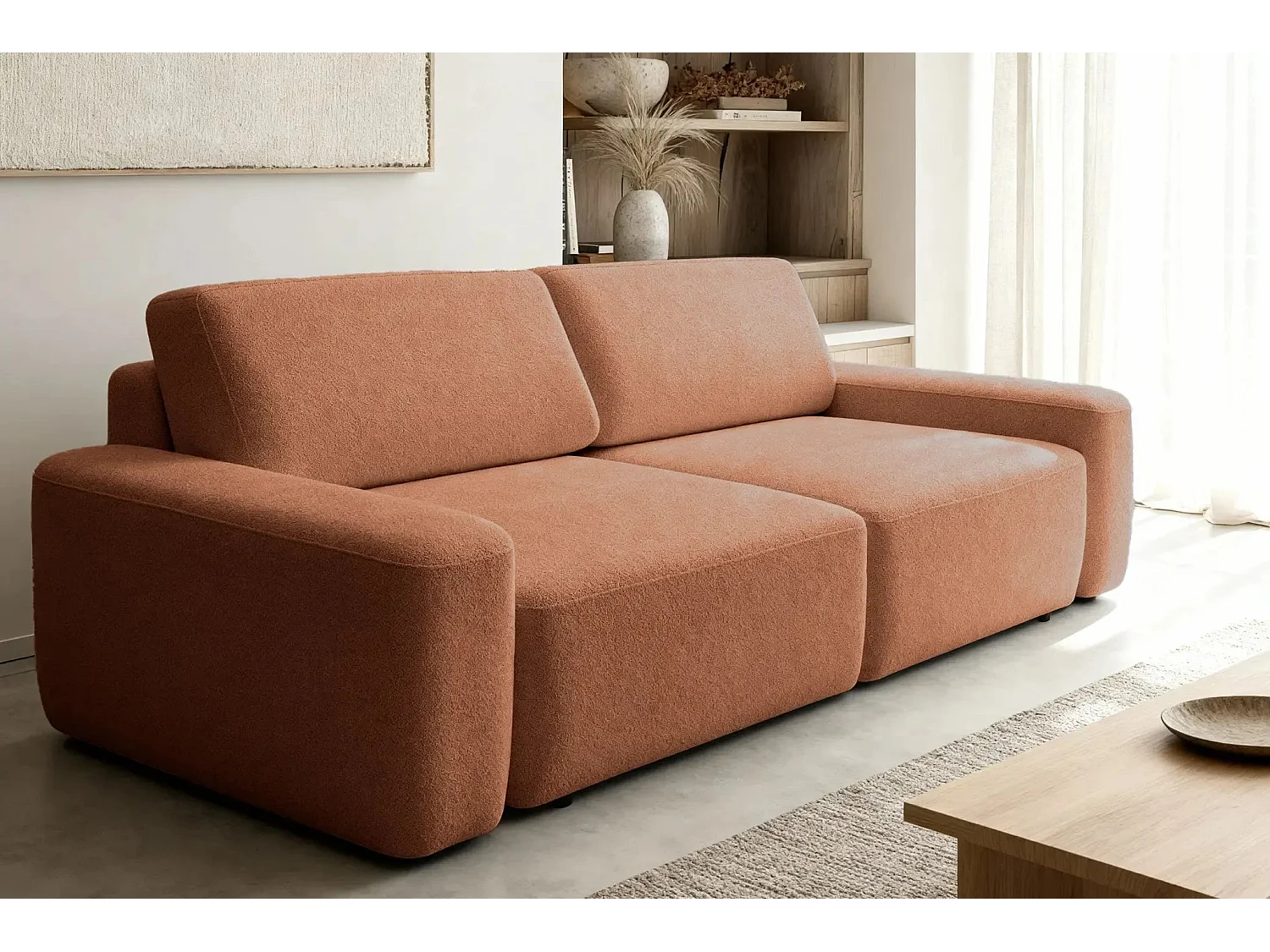 IVY - Canapé droit convertible coffre tissu chiné 3 places - Terracotta