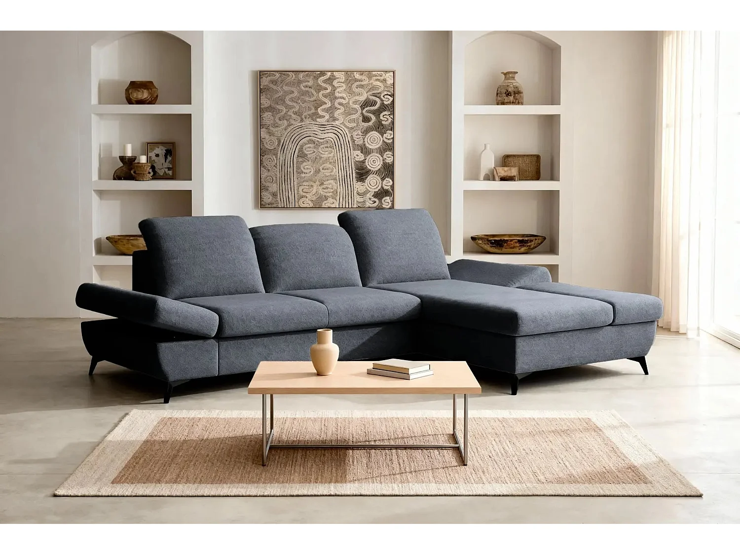 LIVIA - Canapé d'angle convertible tissu chiné 4 places - Gris foncé - Gauche