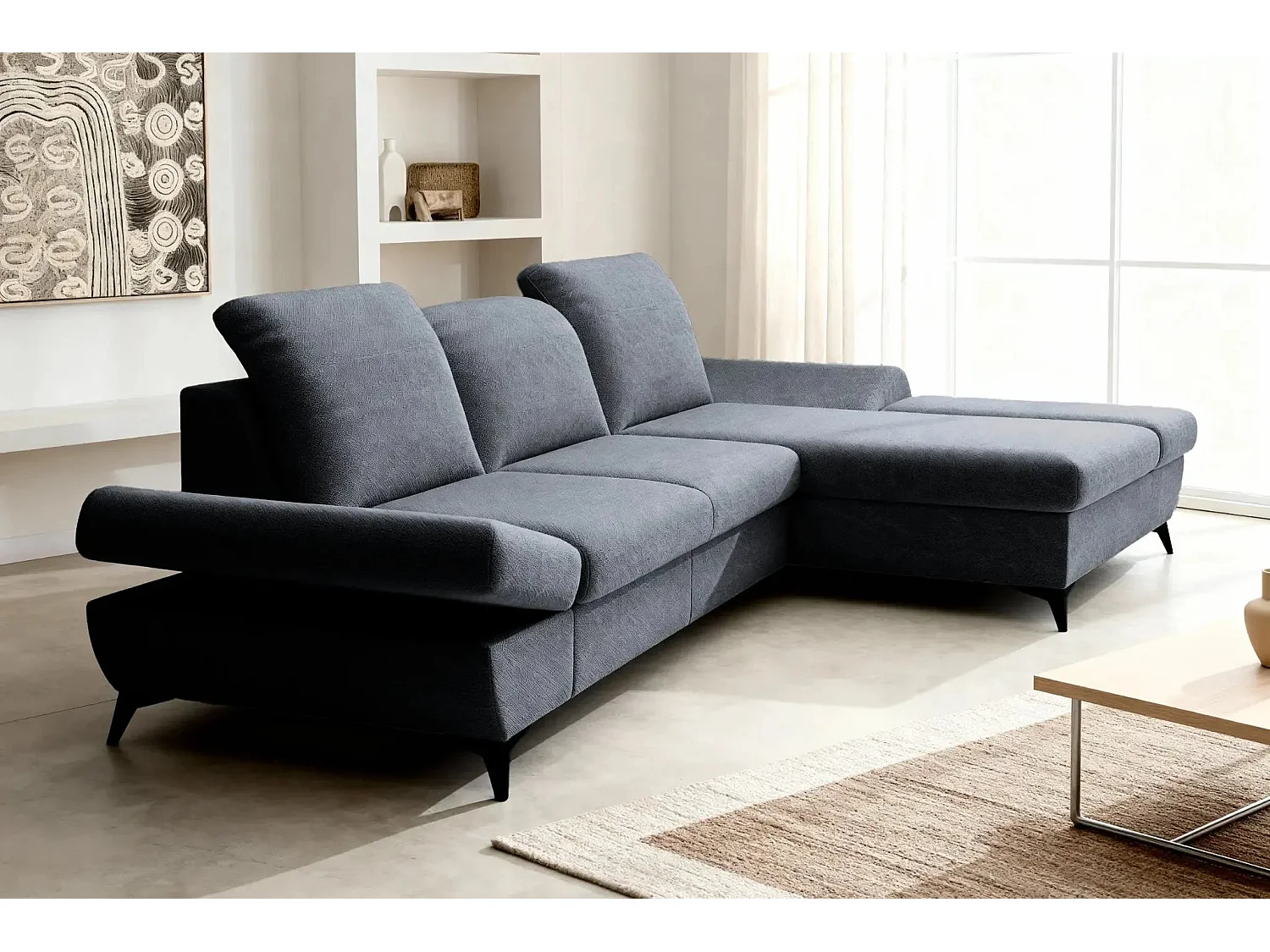 LIVIA - Canapé d'angle convertible tissu chiné 4 places - Gris foncé - Gauche