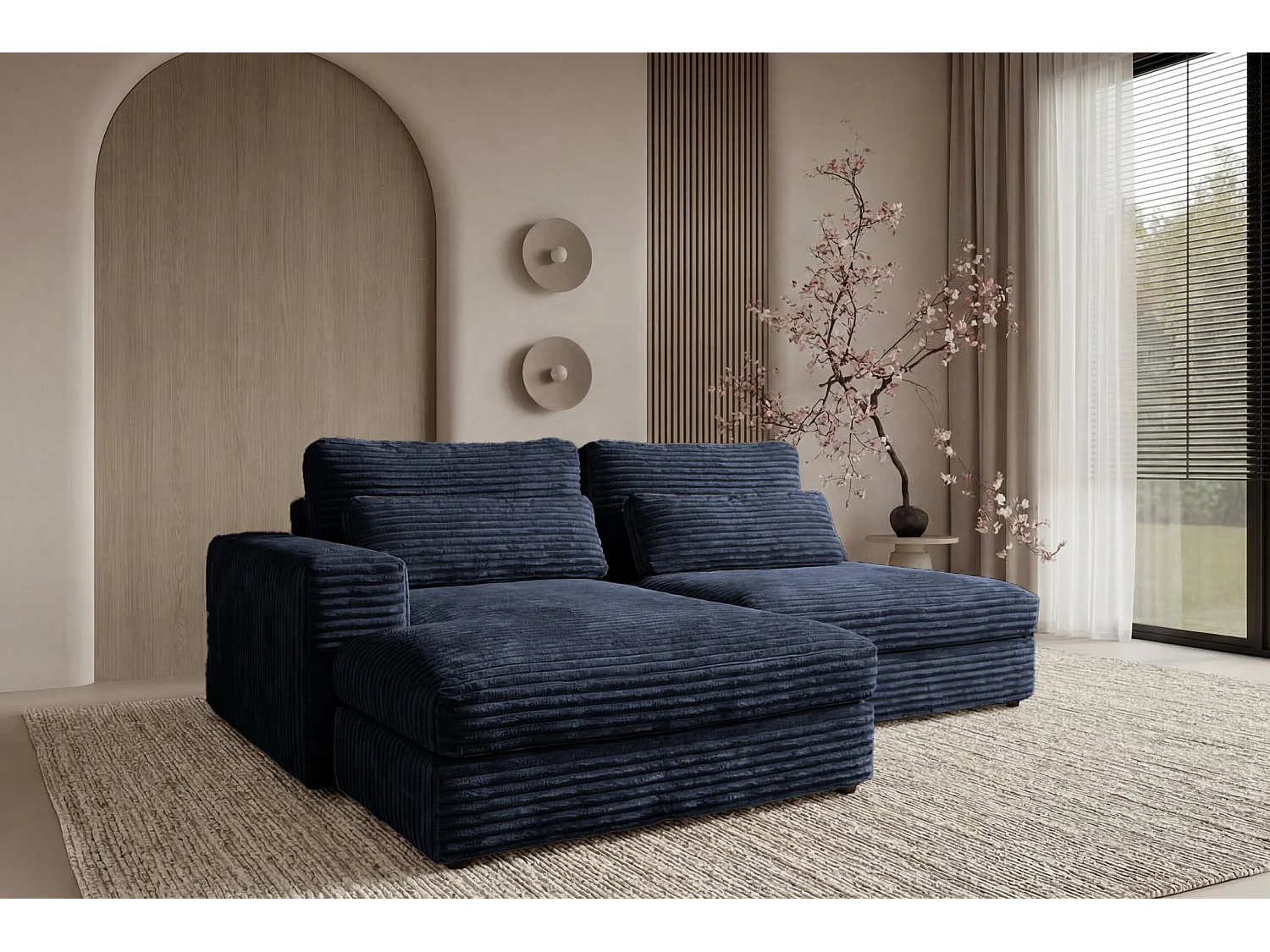 AGATHE - Canapé d'angle convertible gros velours côtelé 4 places - Bleu - Gauche