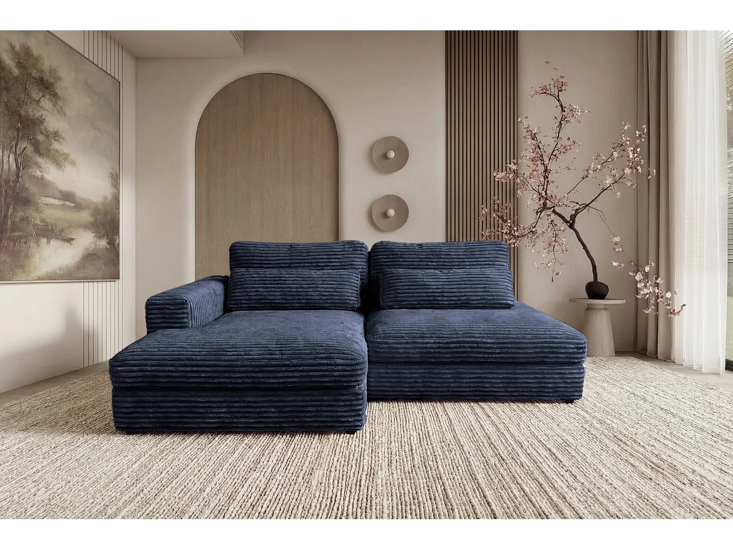 AGATHE - Canapé d'angle convertible gros velours côtelé 4 places - Bleu - Gauche