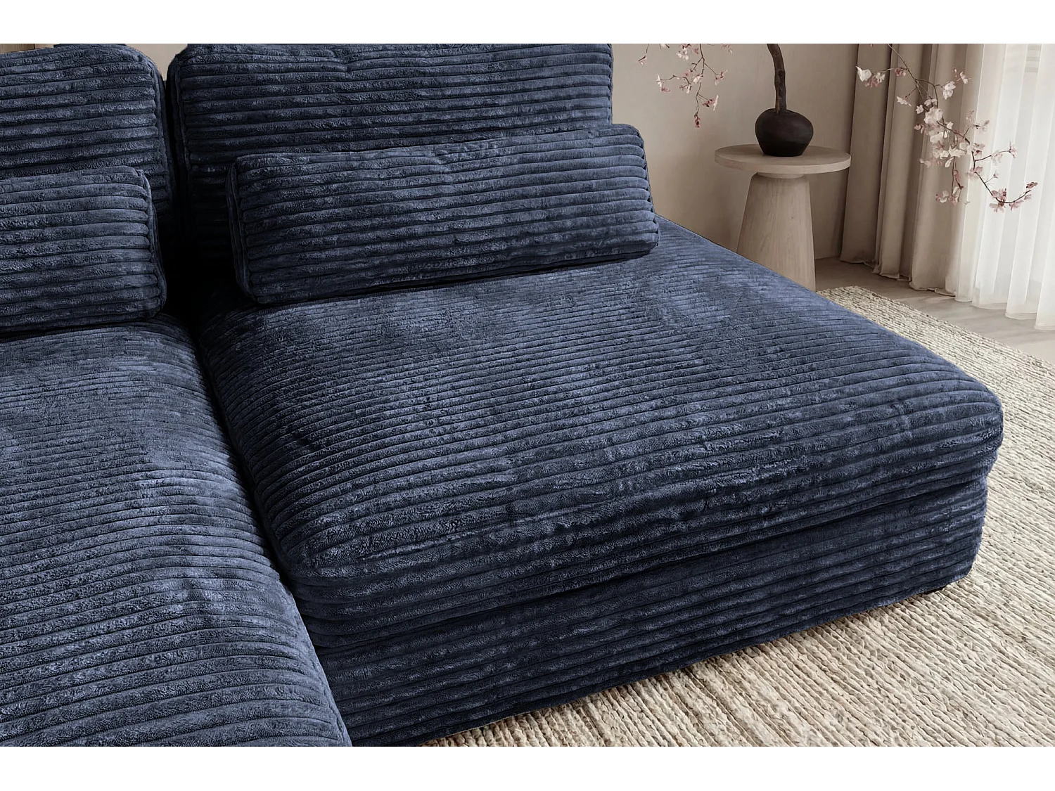 AGATHE - Canapé d'angle convertible gros velours côtelé 4 places - Bleu - Gauche