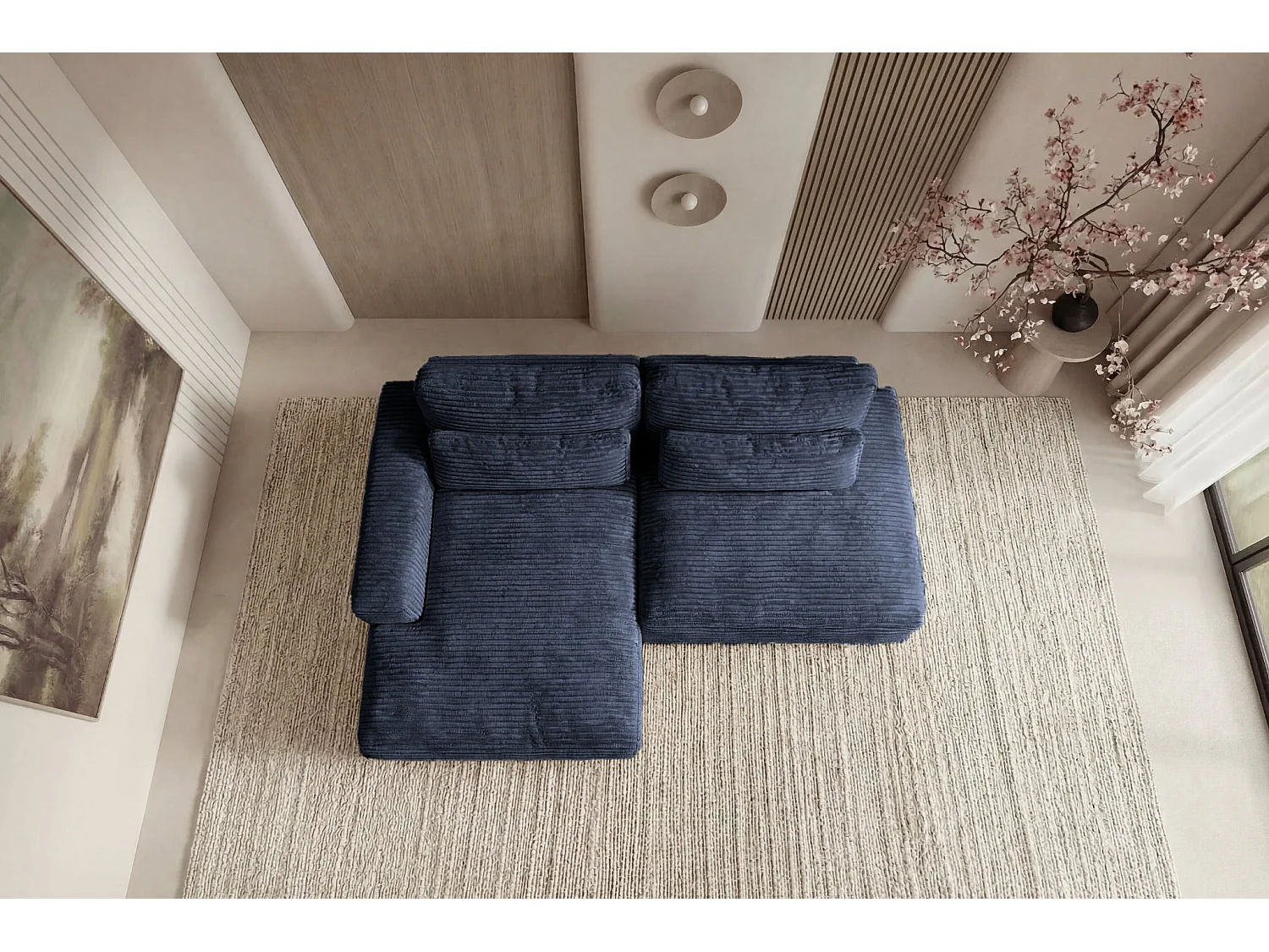 AGATHE - Canapé d'angle convertible gros velours côtelé 4 places - Bleu - Gauche