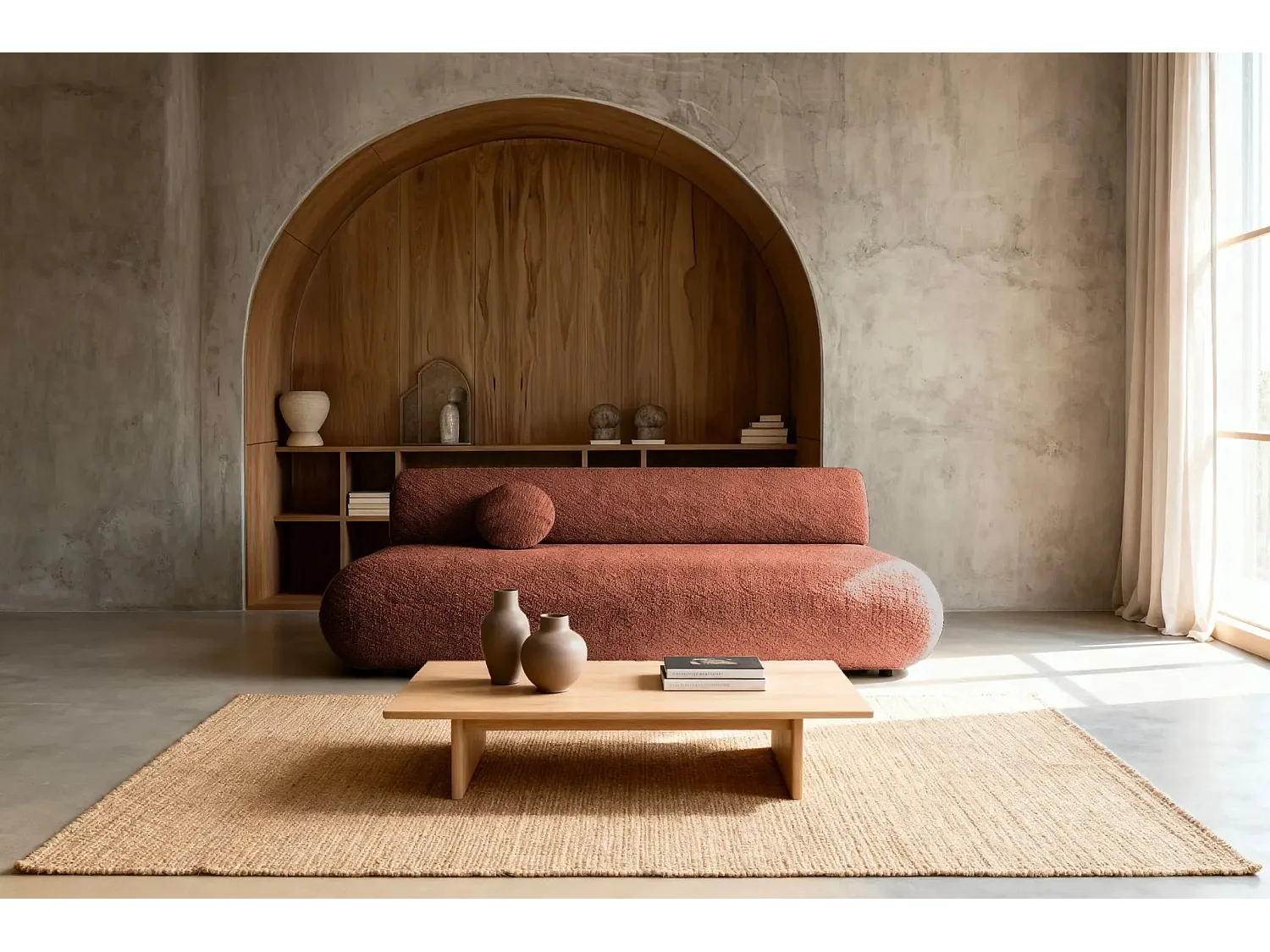 LEVI - Canapé droit convertible tissu lisse 2 places - Terracotta