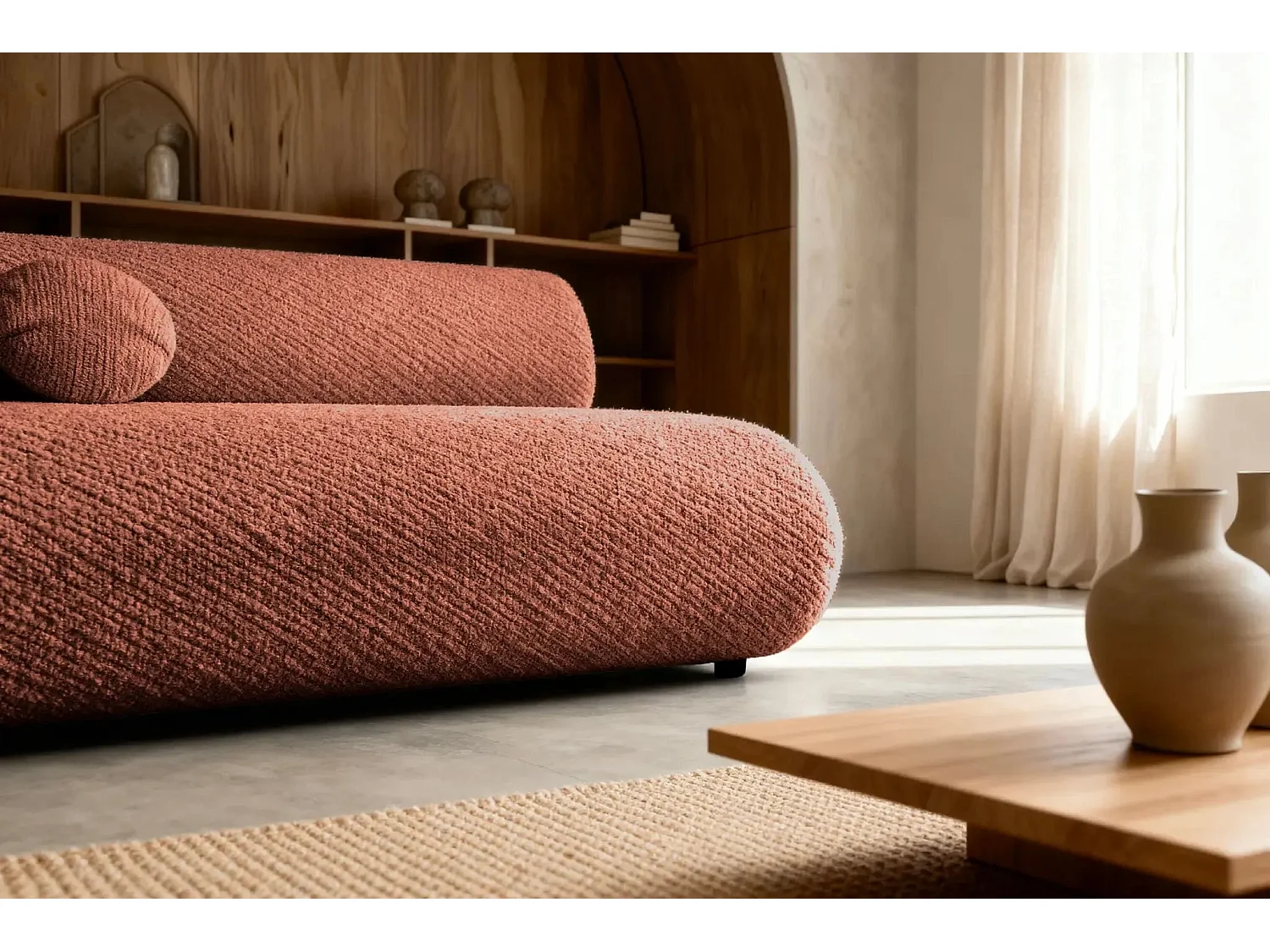 LEVI - Canapé droit convertible tissu lisse 2 places - Terracotta