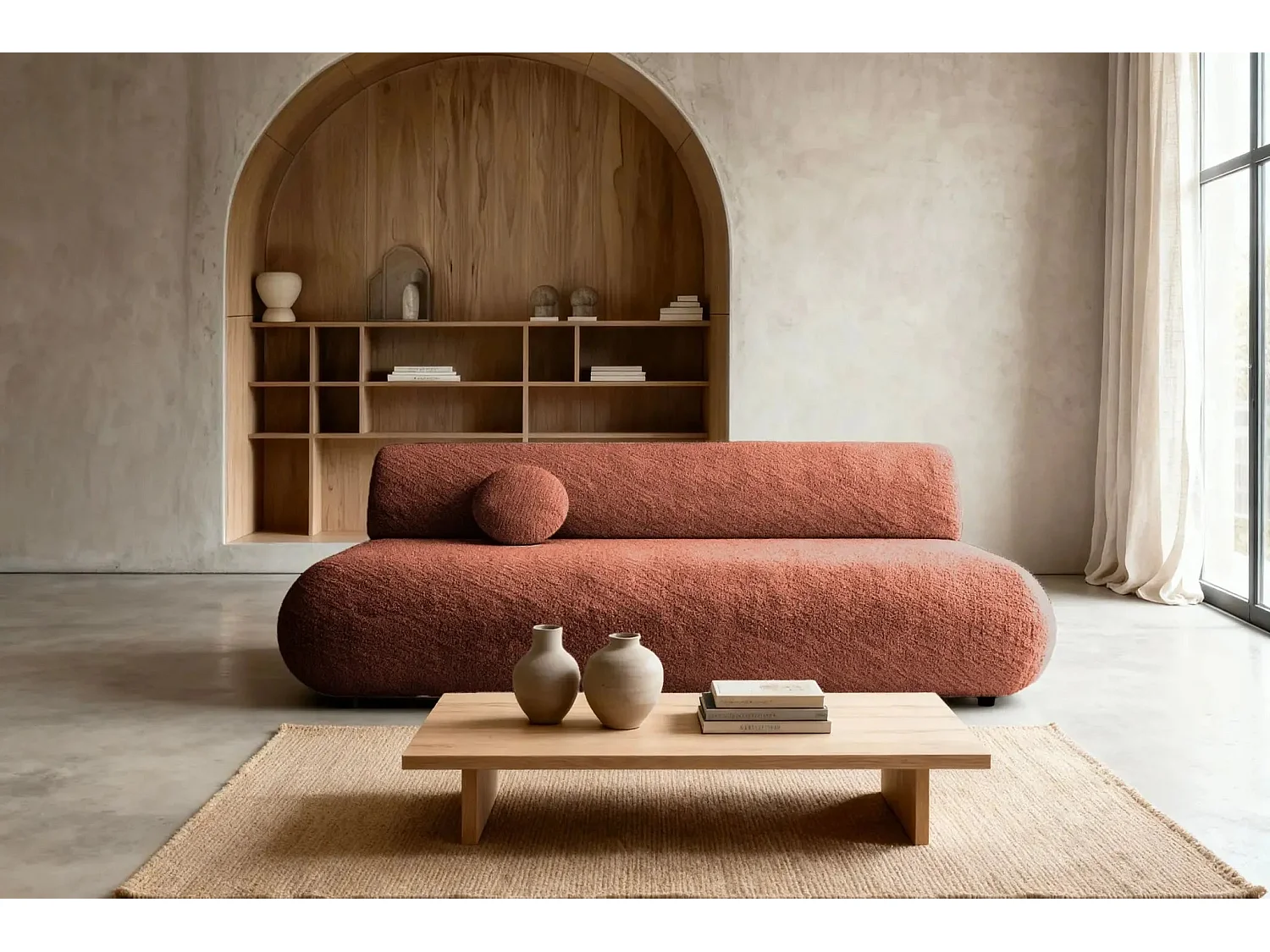 LEVI - Canapé droit convertible tissu lisse 2 places - Terracotta