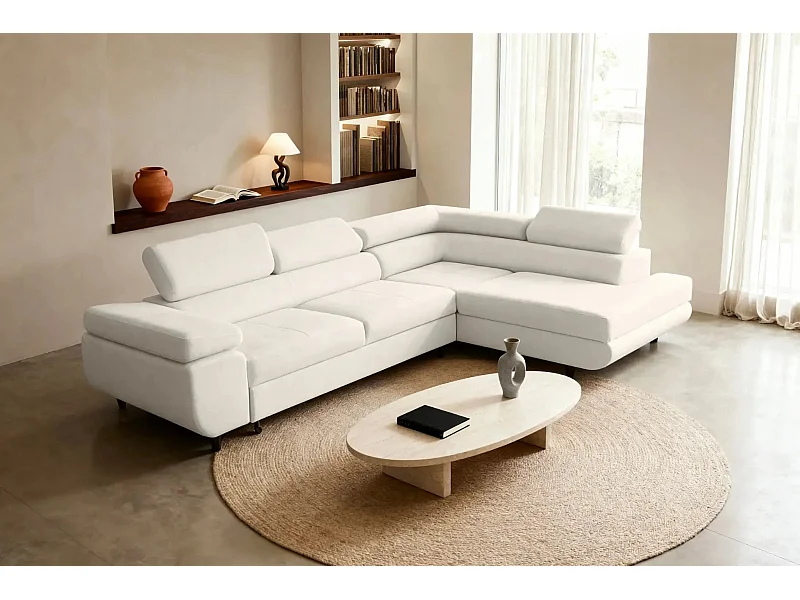 CHARLIE L - Canapé d'angle convertible tissu lisse 4 places - Beige - Droit