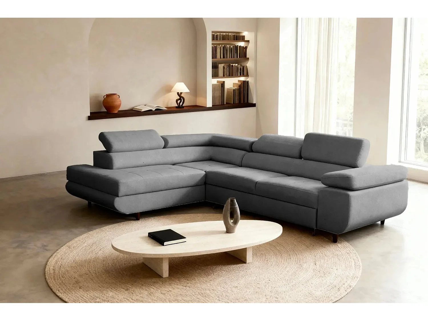 CHARLIE L - Canapé d'angle convertible tissu lisse 4 places - Gris foncé - Gauche