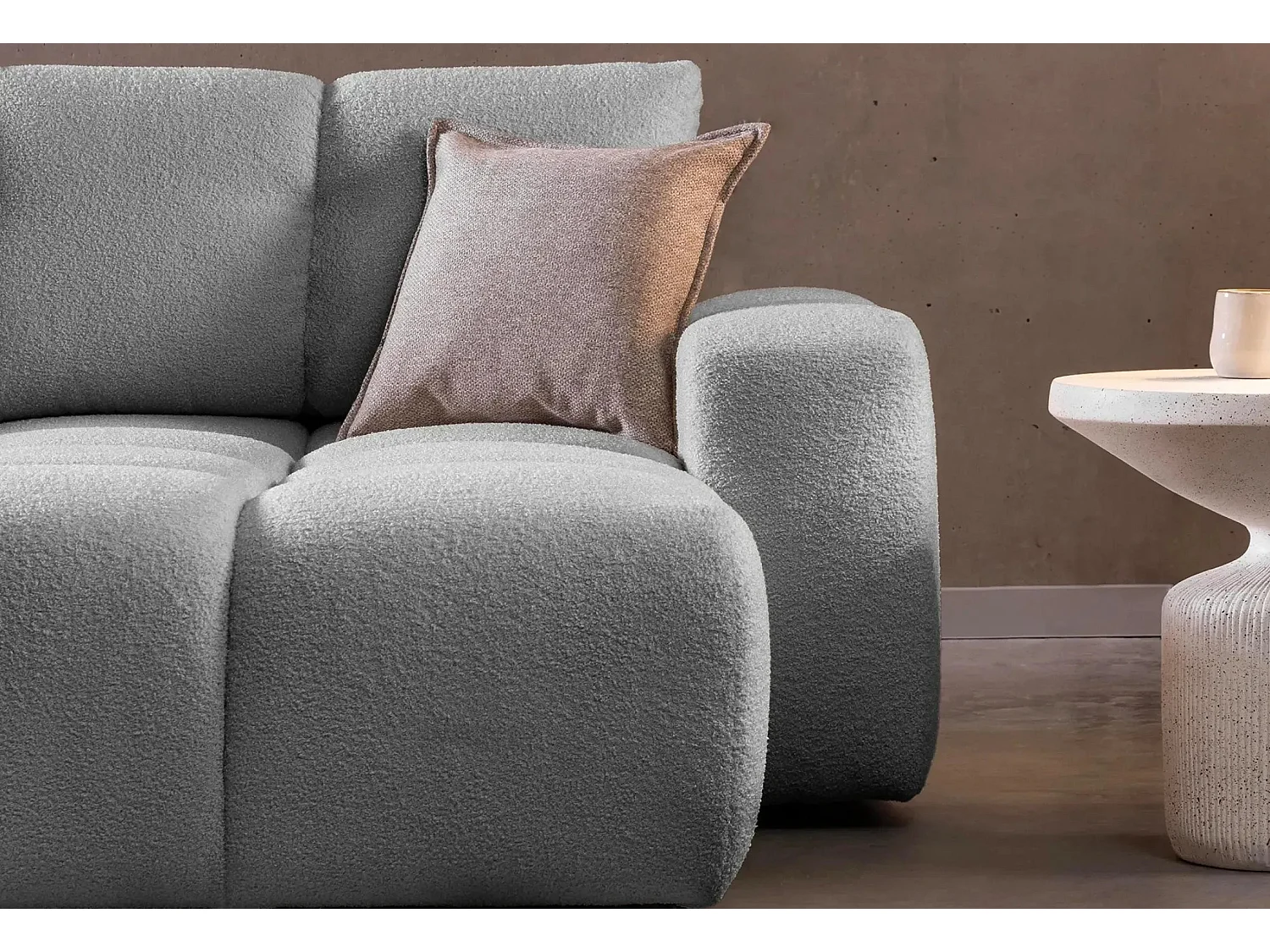 CONSTANCE - Canapé d'angle convertible tissu bouclette 4 places - Gris clair - Droit